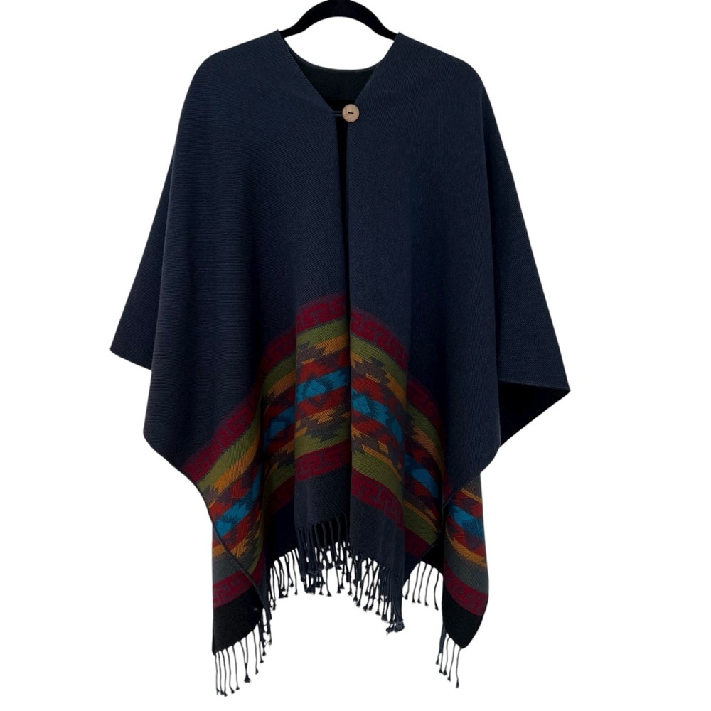 Navy Blue‎ Cotton Blend Southwestern Aztec Print Fringe Front Button Poncho OS
